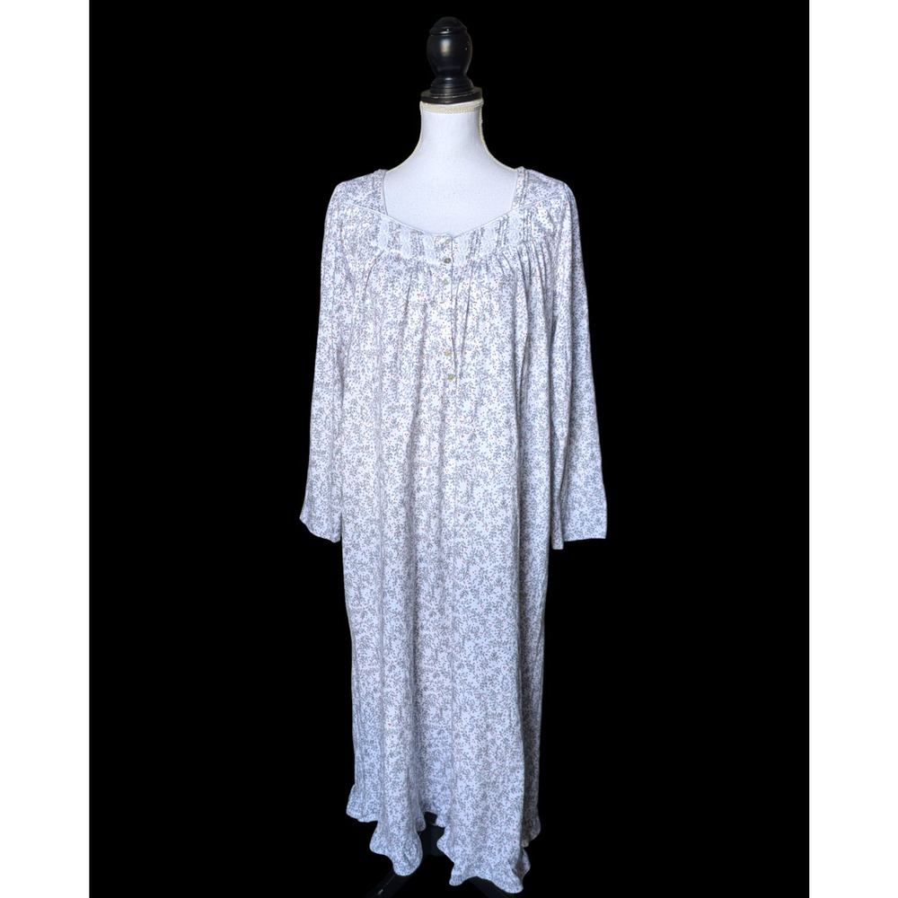 Eileen West Gray White Vines Cotton Jersey Knit Long Sleeve Nightgown Size Large